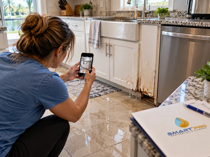 Homeowner photographing water damage under kitchen cabinets with a phone for an insurance claim