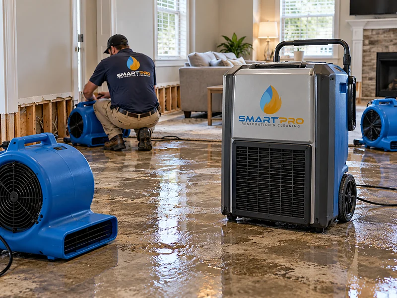 Commercial dehumidifier and air movers drying a living room after water damage