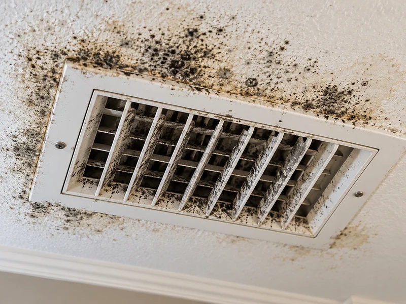 Black mold spots on a ceiling AC supply vent and the surrounding drywall