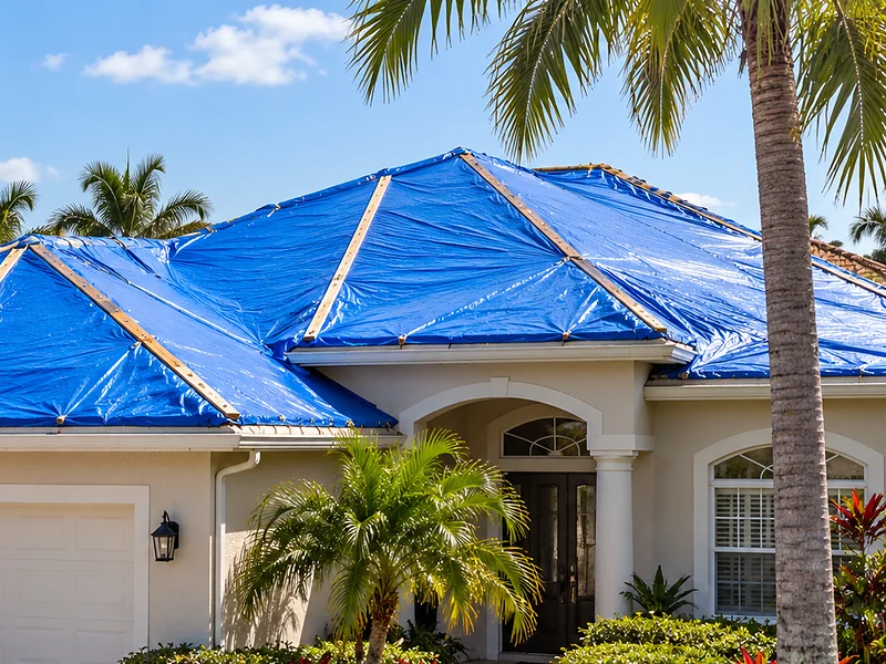 Florida home with blue emergency roof tarps fastened with wood battens after storm damage