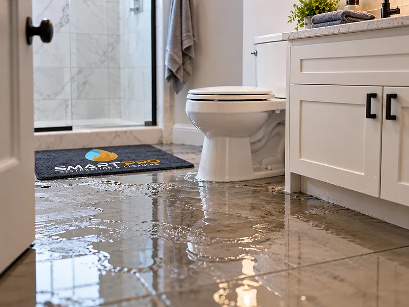 Water spreading across a bathroom tile floor after a toilet overflow