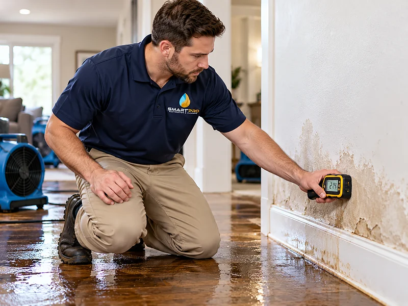 Restoration technician measuring moisture in a water-damaged wall while air movers dry the floor
