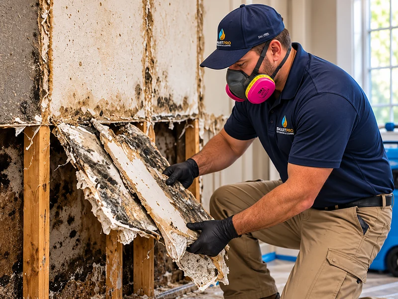 Technician wearing a respirator removing mold-damaged drywall from wall framing