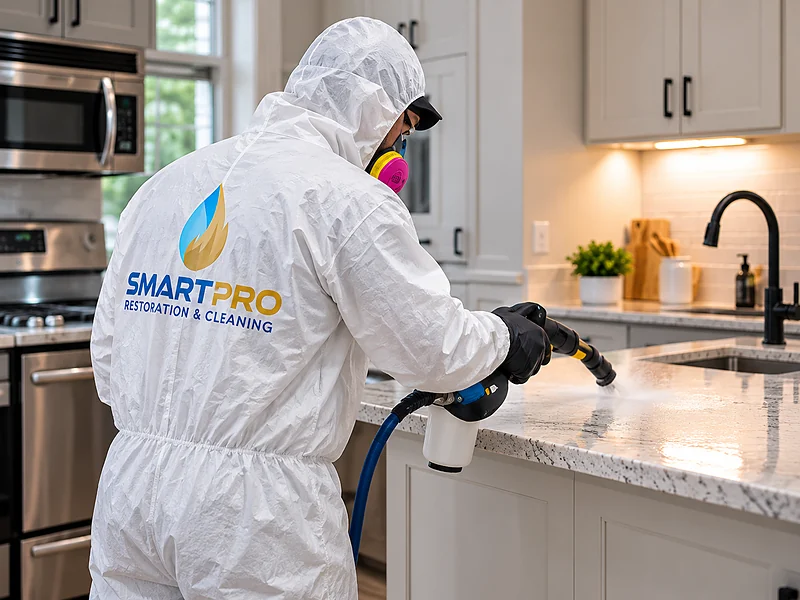Technician in protective suit and respirator disinfecting a kitchen countertop