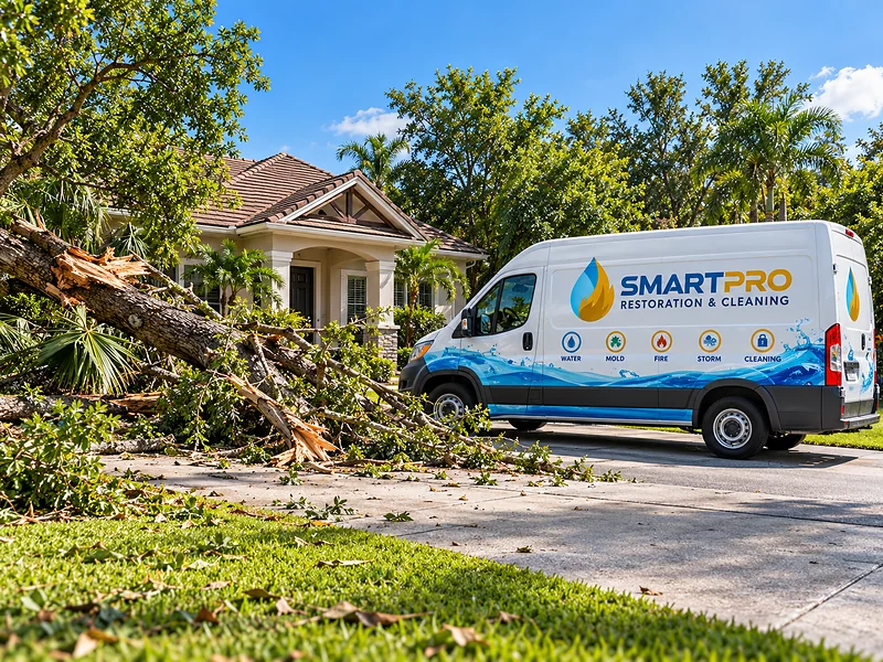 Smart Pro Restoration van parked at a Florida home with a fallen tree after a storm